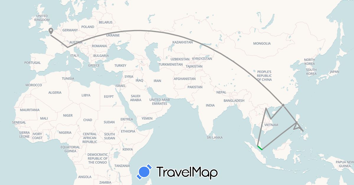 TravelMap itinerary: driving, bus, plane in China, France, Italy, Cambodia, Malaysia, Philippines, Singapore, Vietnam (Asia, Europe)